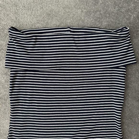 LOFT Off Shoulder Shirt Womens XL Navy Blue White Striped Ribbed Stretch Top - Picture 3 of 8